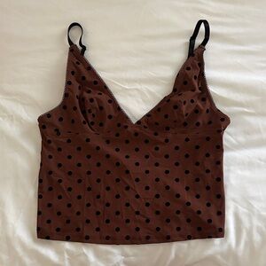 Urban Outfitters Brown Polka Dot V-Neck Cami with Black Dots